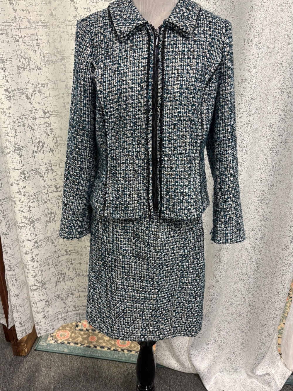 White House Black Market Teal and Black Tweed Skirt Suit